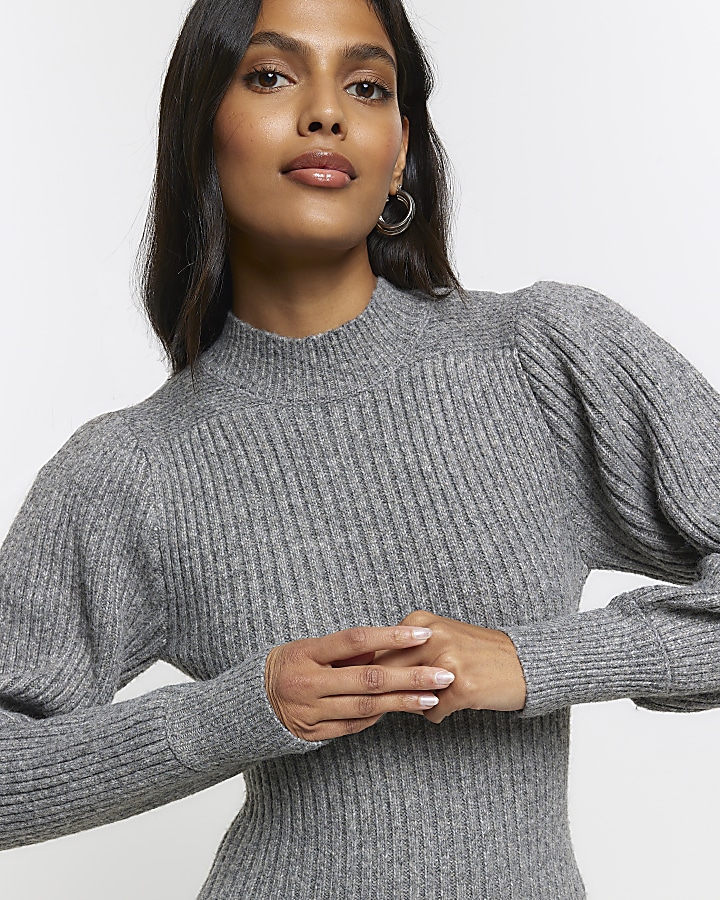 Grey knitted puff sleeve jumper mini dress | River Island