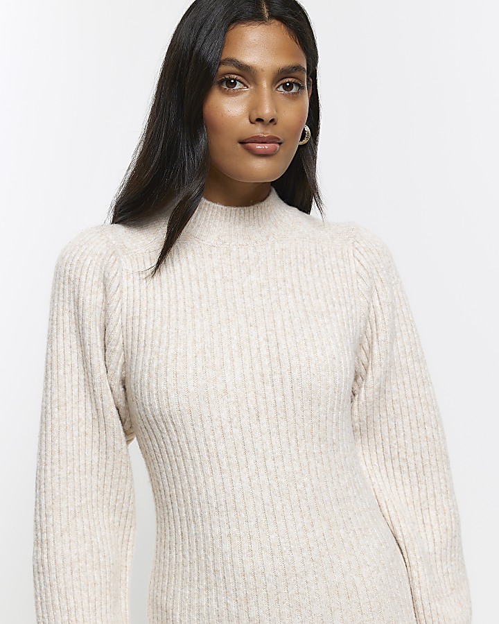 Cream knitted puff sleeve jumper mini dress