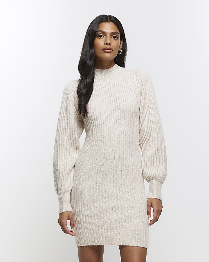 Cream knitted puff sleeve jumper mini dress