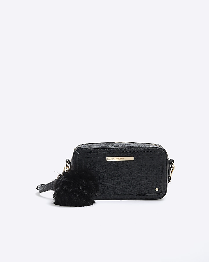 Black faux leather pom pom cross body bag | River Island