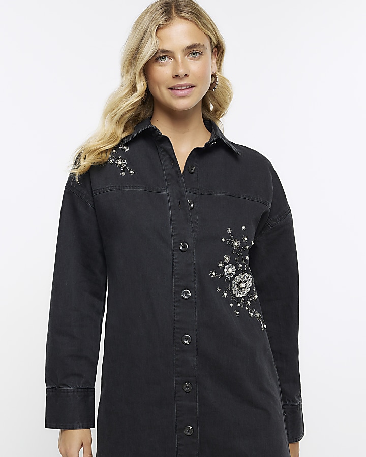 Black denim embellished mini shirt dress