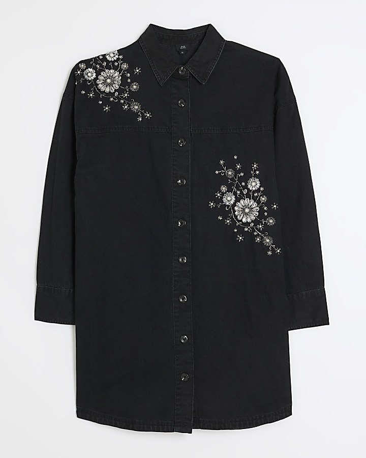 Black denim embellished mini shirt dress