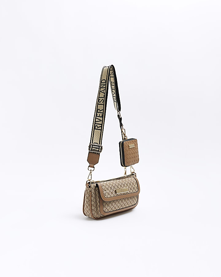 Brown jacquard monogram cross body bag River Island