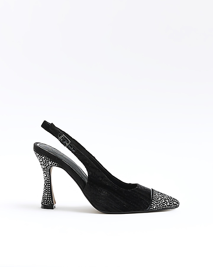 Black velvet diamante heeled sling back shoes