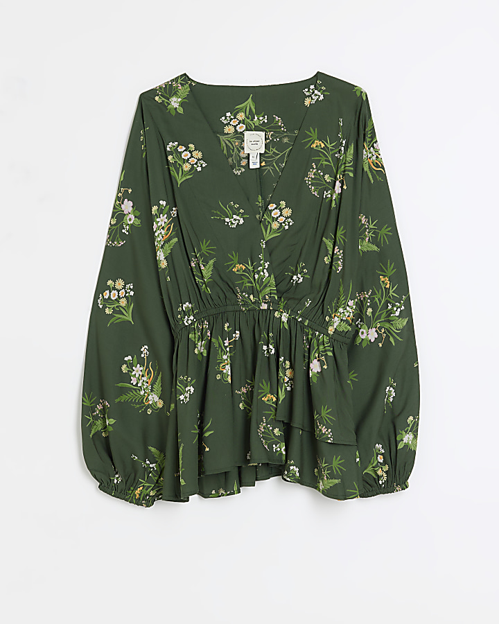 Green floral wrap blouse