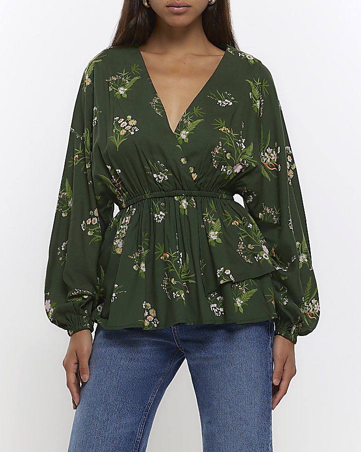 Green floral wrap blouse