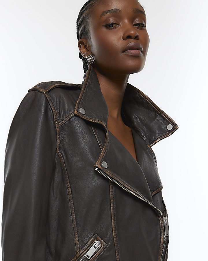 Brown leather oversized biker jacket