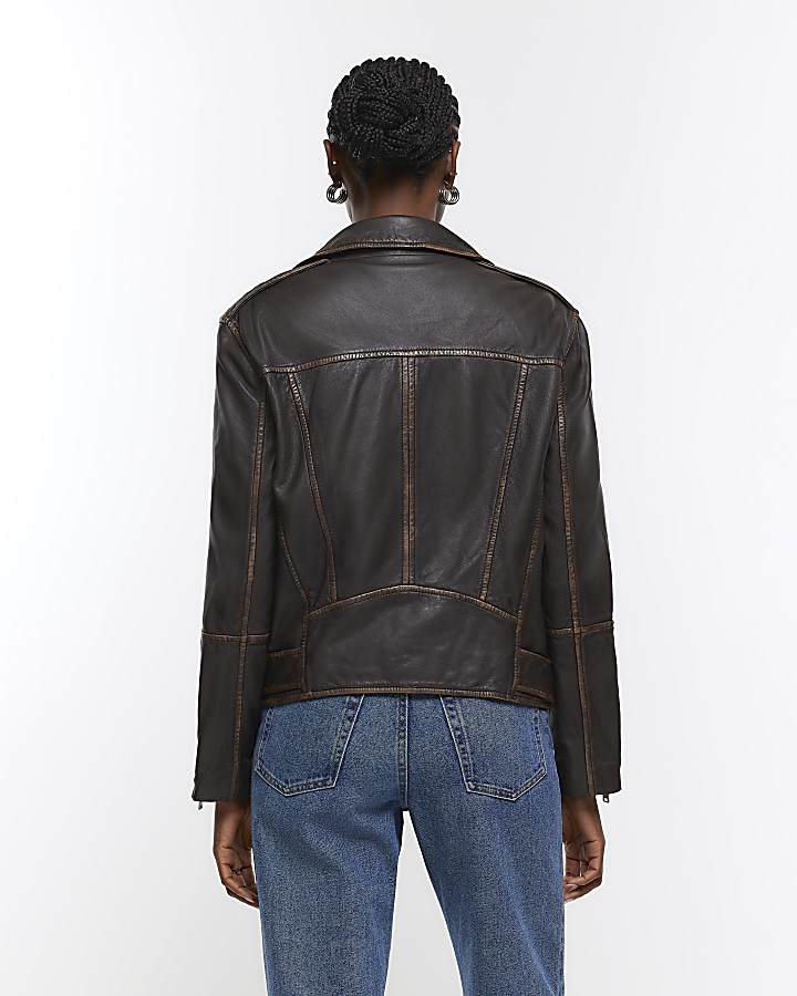 Brown leather oversized biker jacket