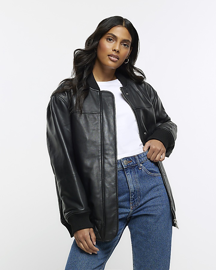 Black leather bomber jacket