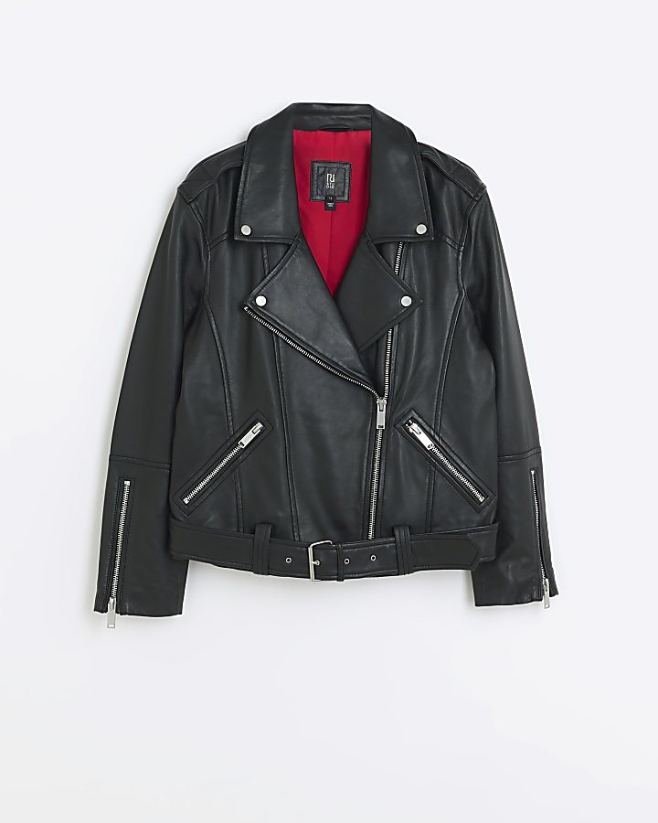 Black leather oversized biker jacket