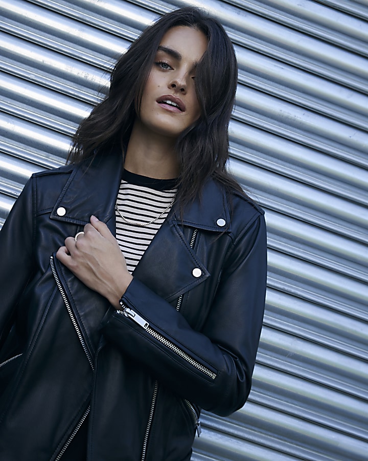 Black leather oversized biker jacket