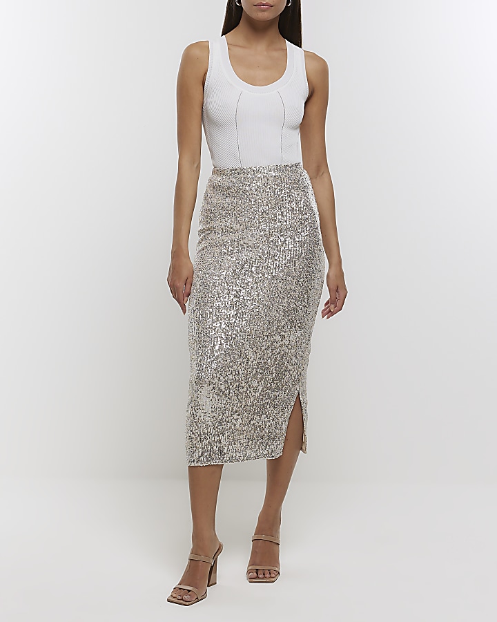 Silver sequin midi skirt River Island