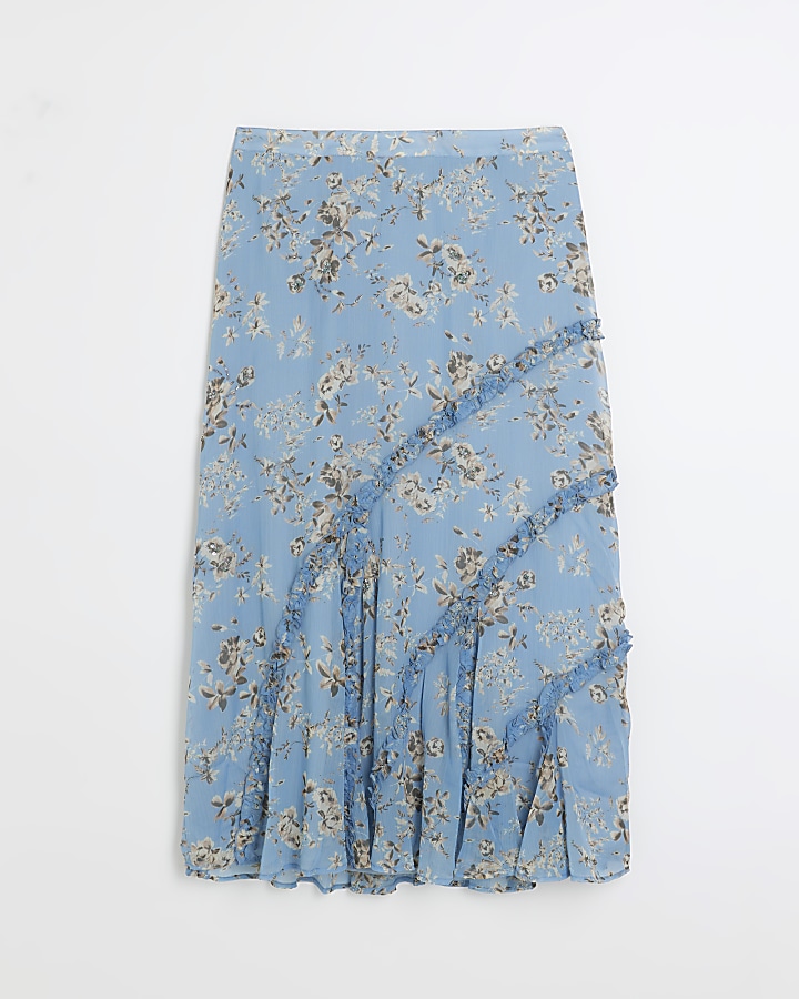 Blue floral tiered midi skirt