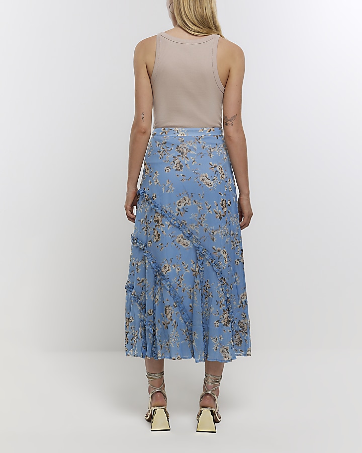 Blue floral tiered midi skirt