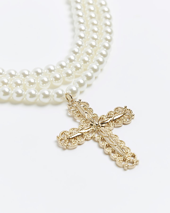 White pearl cross multirow necklace