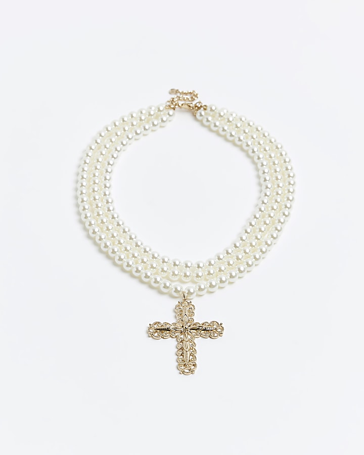 White pearl cross multirow necklace