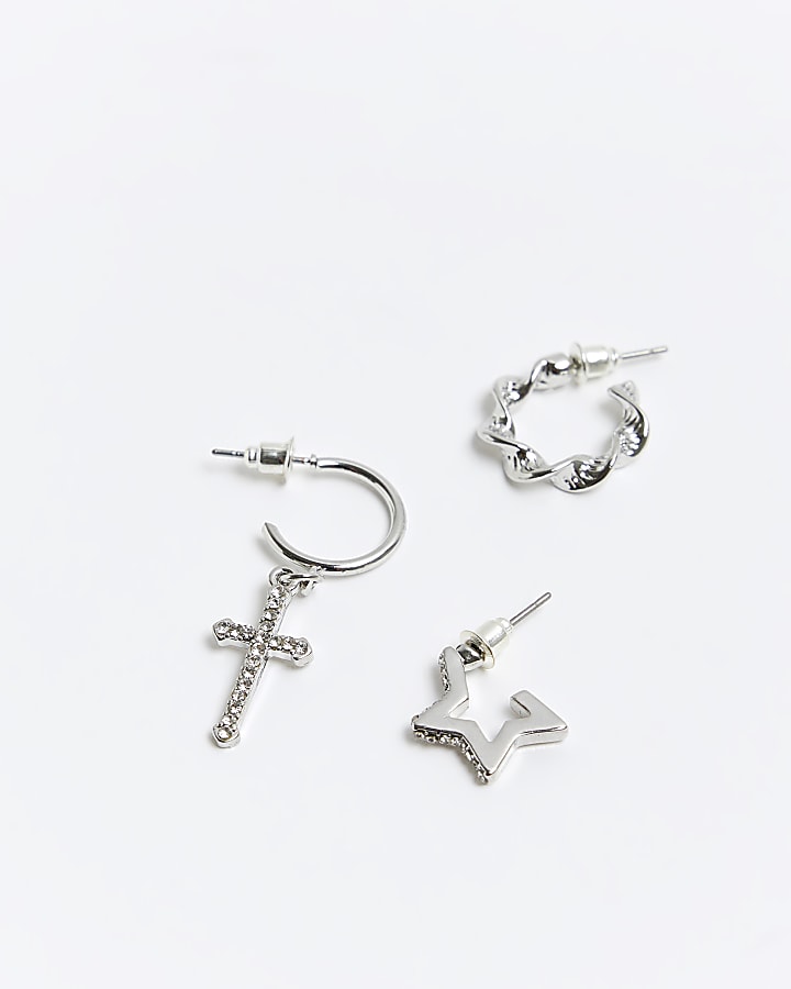 Silver star and cross hoop earrings multipack