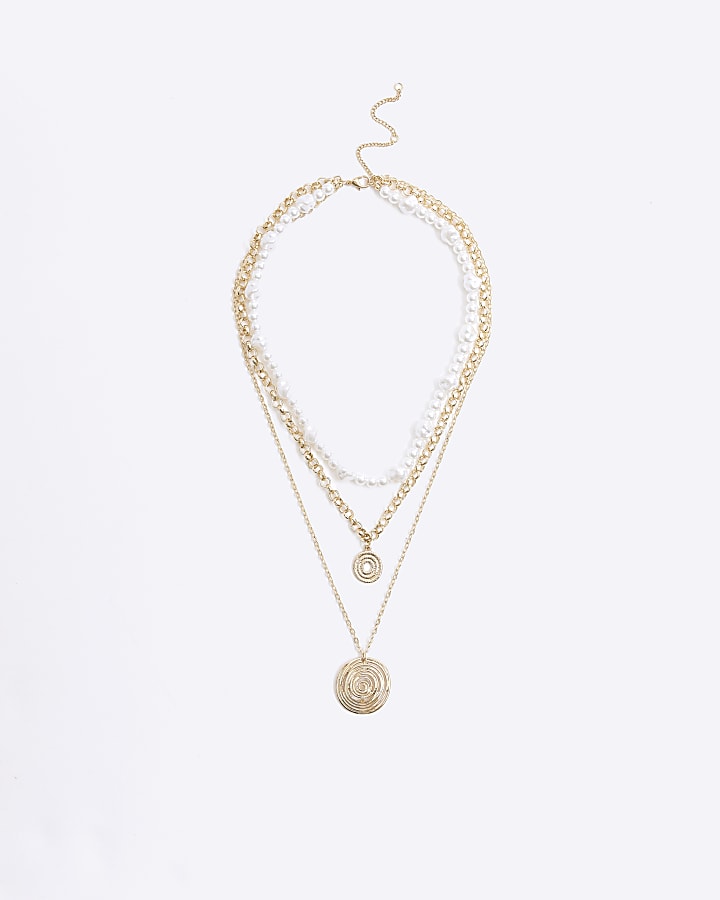 Gold pearl spiral multirow necklace