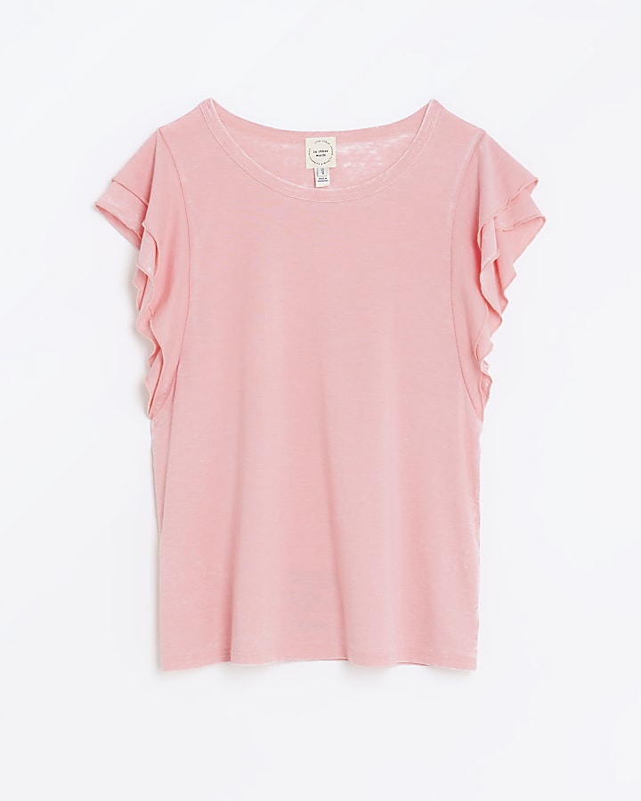 Pink frill sleeve t-shirt | River Island