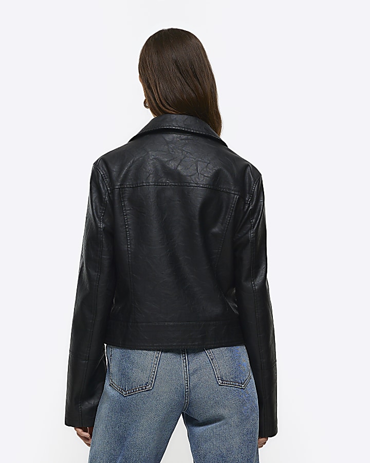 Black faux leather zip detail biker jacket | River Island