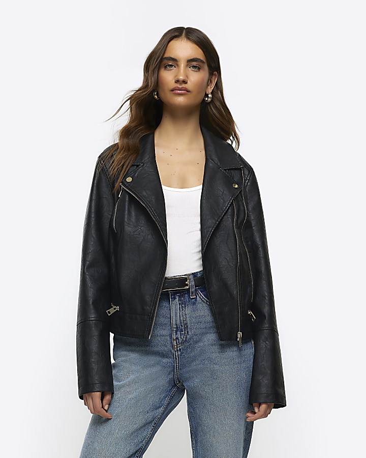 Black faux leather zip detail biker jacket | River Island