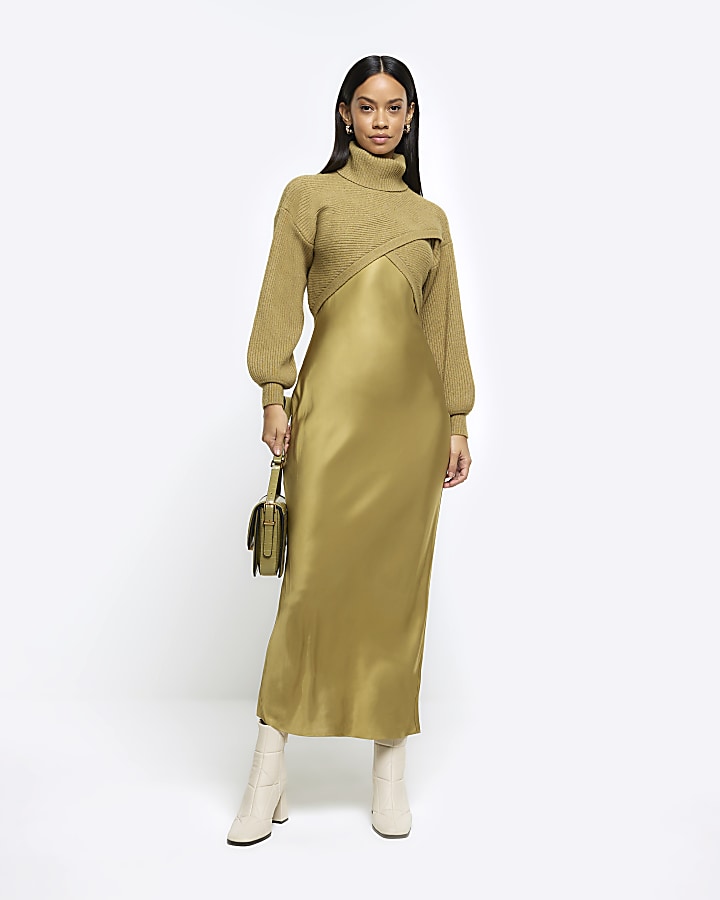 Khaki satin hybrid slip midi dress | River Island