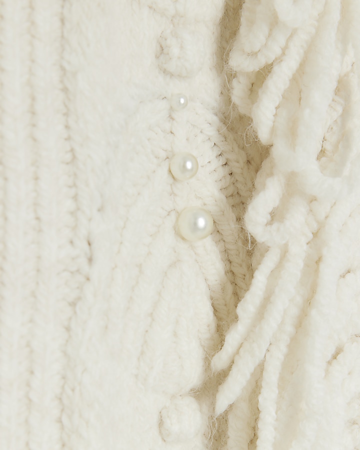 Cream pearl detail longline fringe cardigan
