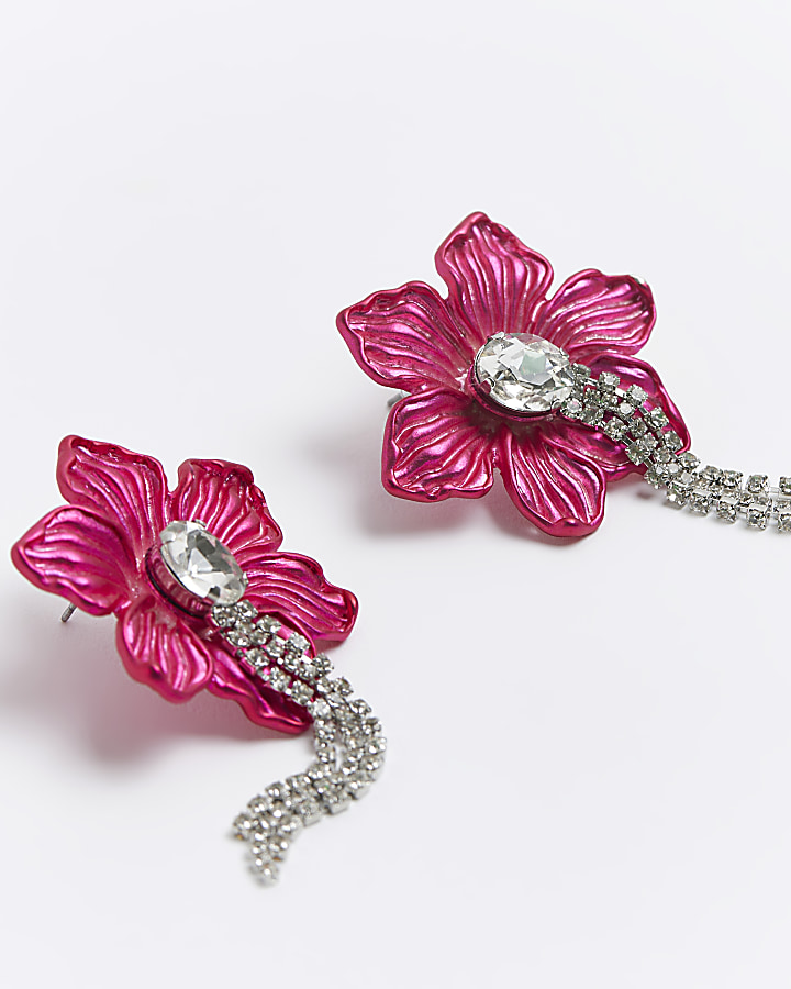 Pink flower diamante stud earrings