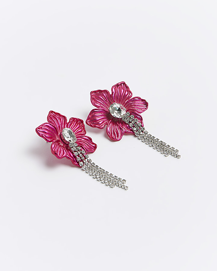 Pink flower diamante stud earrings