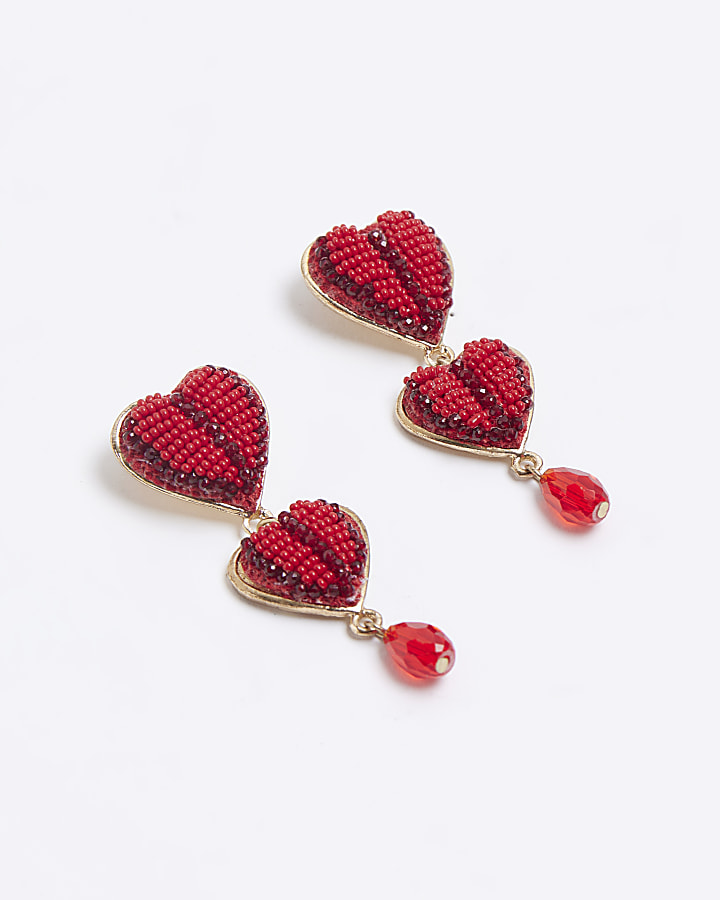 Red beaded heart drop earrings | River Island