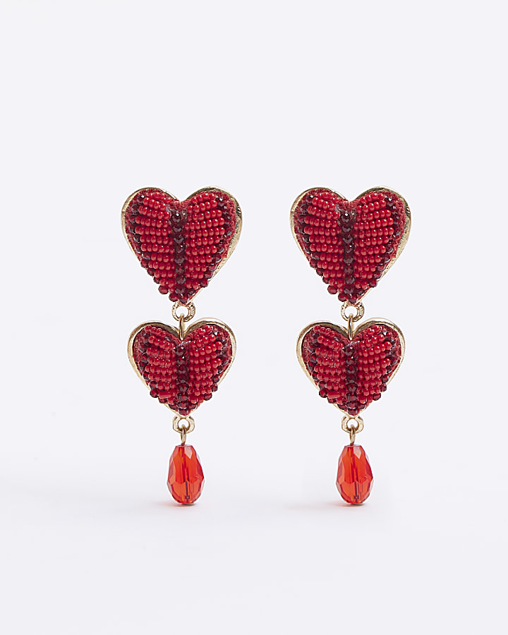 Red beaded heart drop earrings