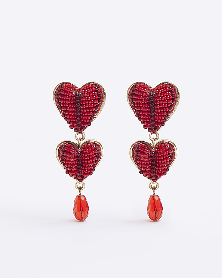 Red beaded heart drop earrings | River Island