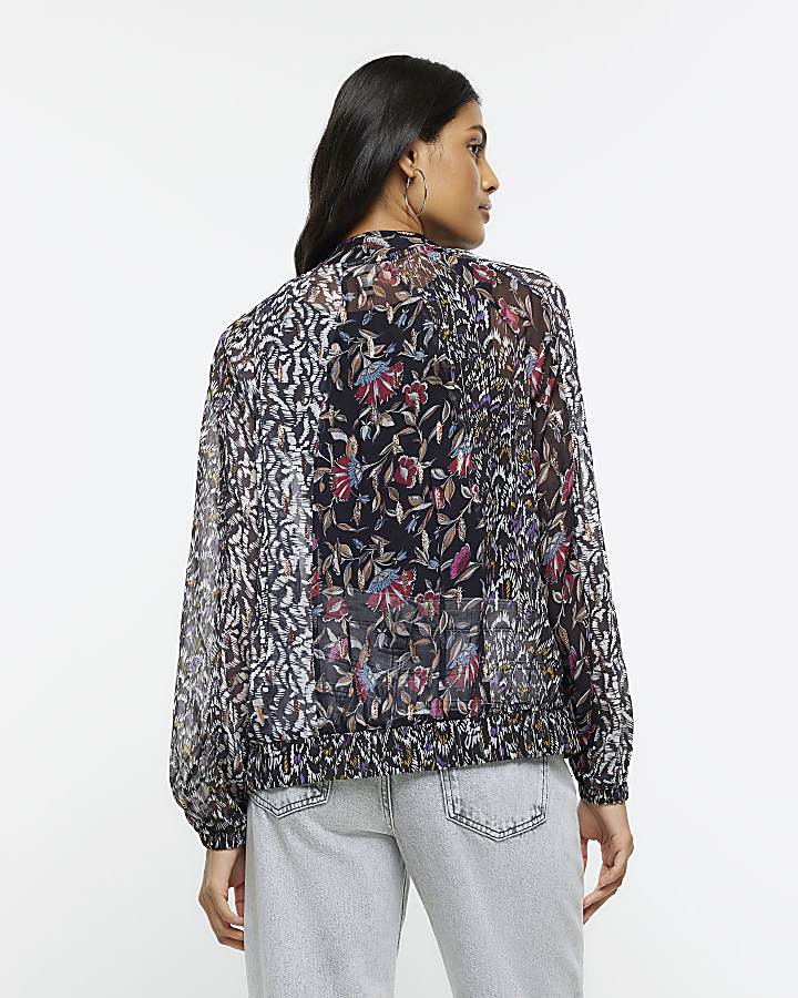 Black chiffon floral zip up jacket