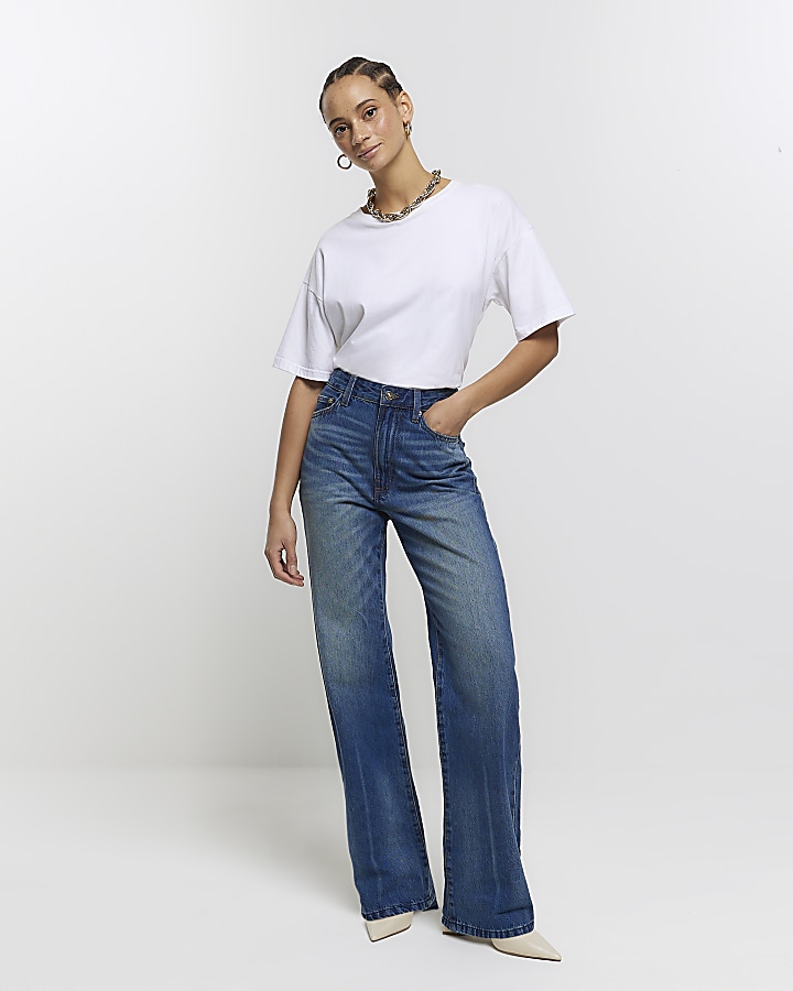 Blue High waisted relaxed straight fade jeans | River Island