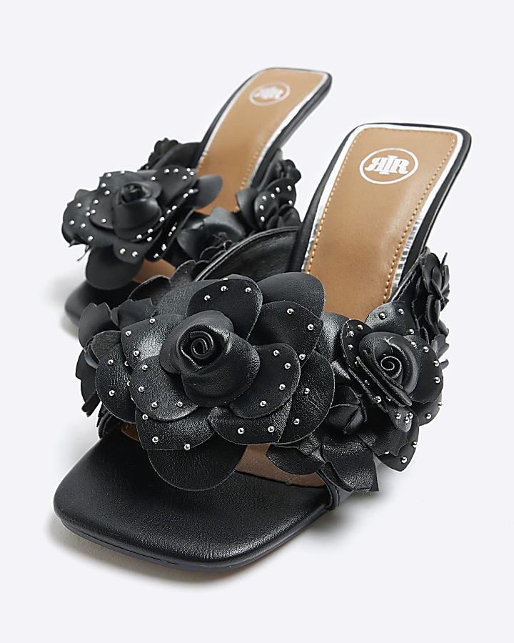 Black flower heeled mule sandals