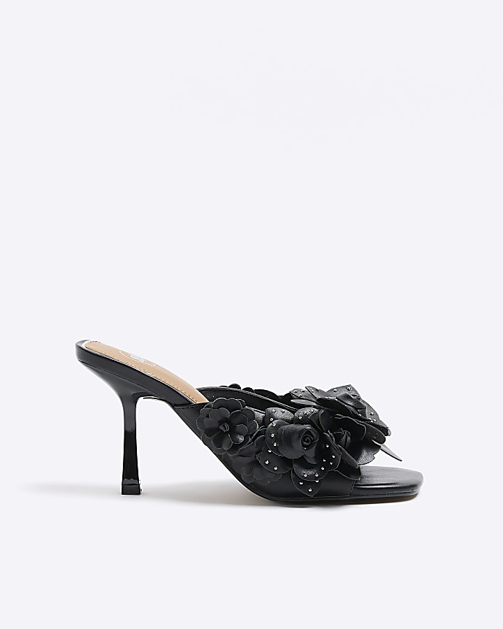 Black flower heeled mule sandals
