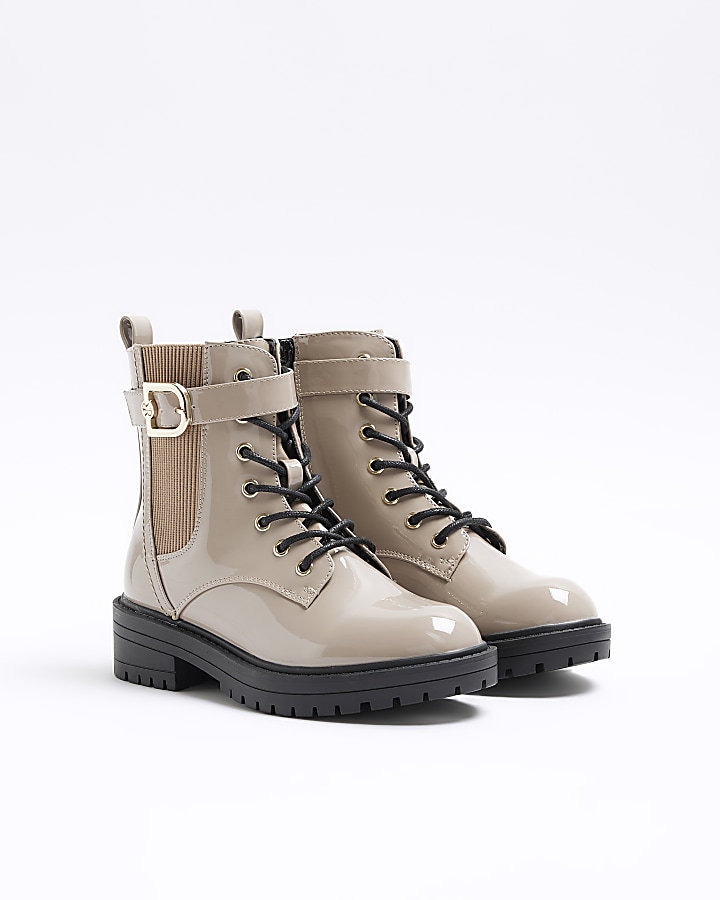 Beige wide fit patent buckle boots