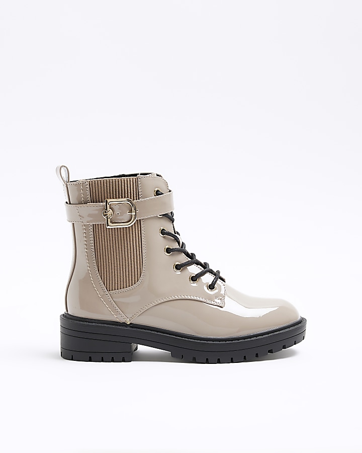 Beige wide fit patent buckle boots