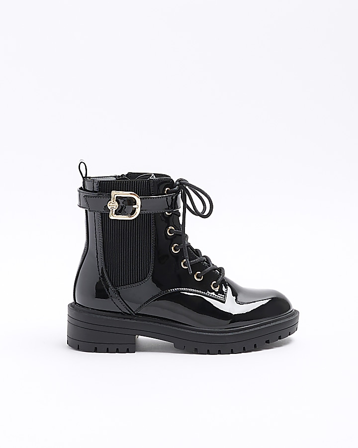 Black wide fit patent buckle boots