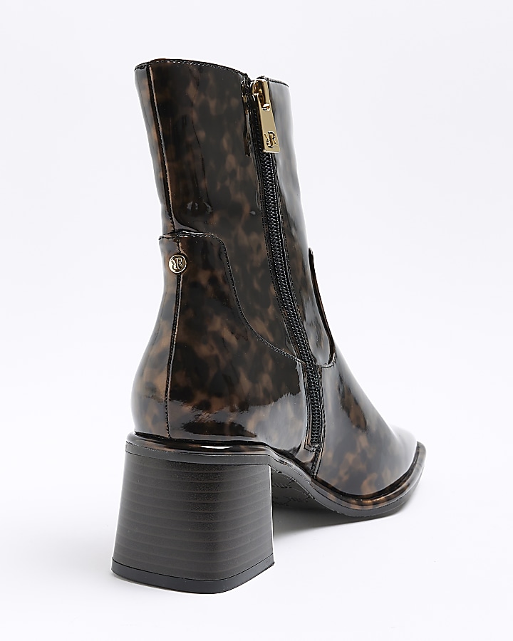 Brown animal print heeled ankle boots