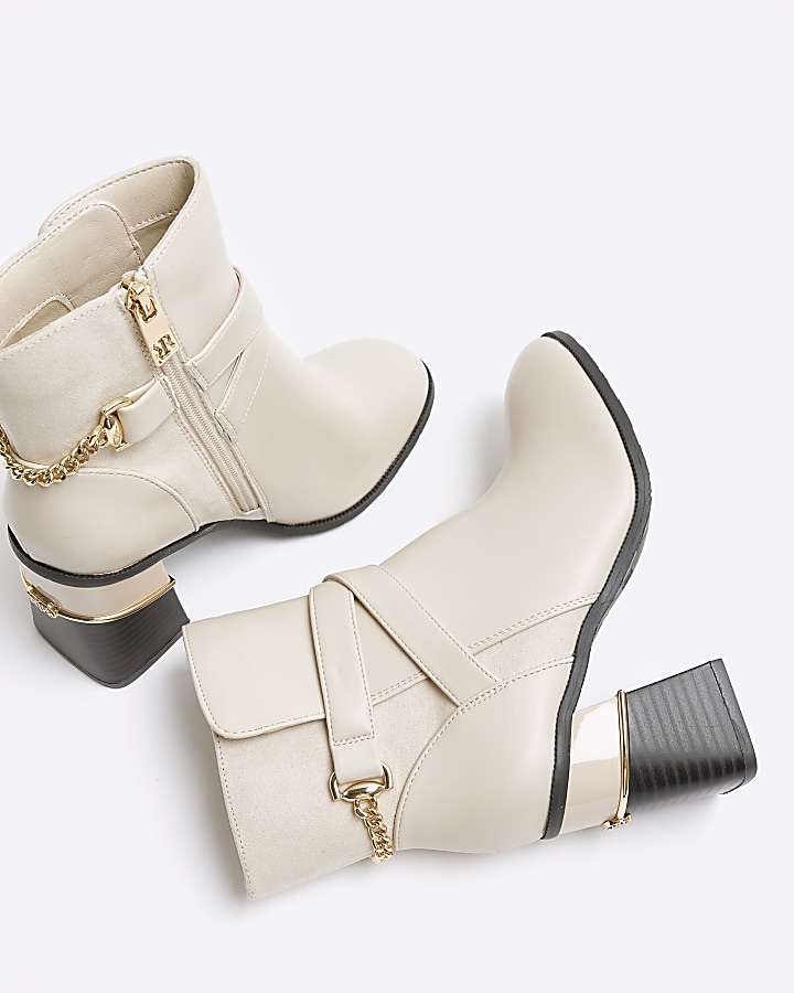 Cream wide fit chain block heeled boots