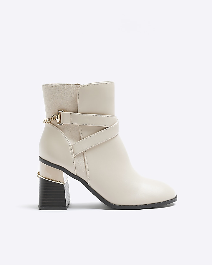 Cream wide fit chain block heeled boots