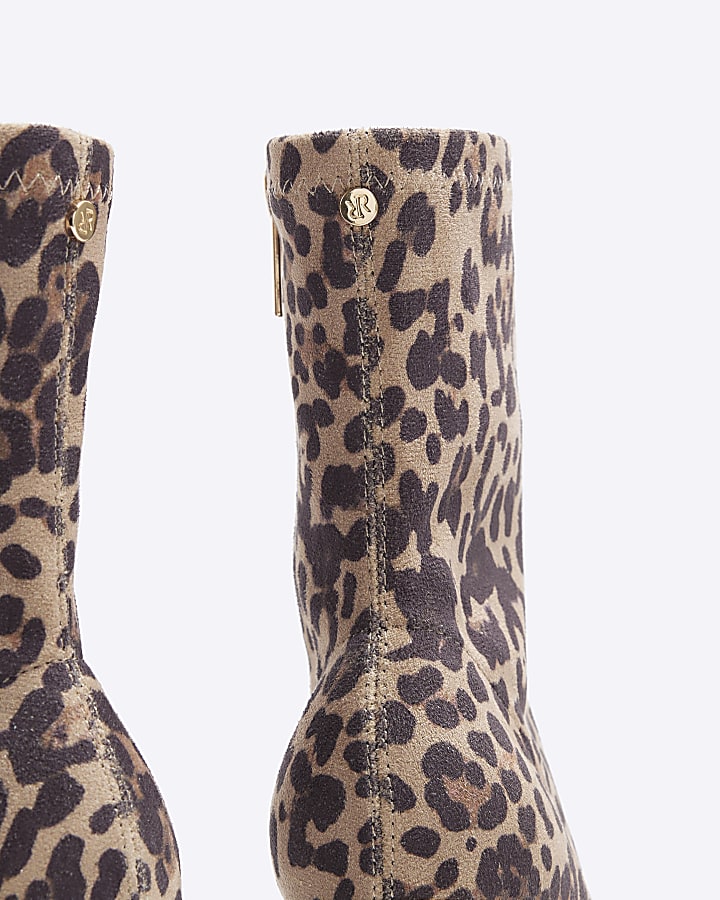 Beige leopard print heeled ankle boots