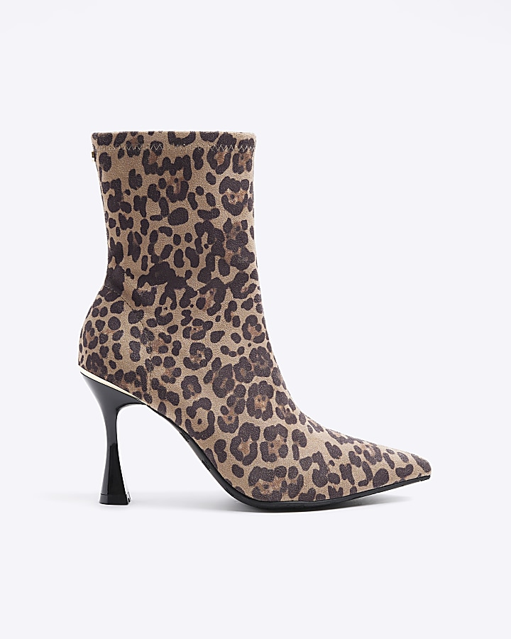 Beige leopard print heeled ankle boots