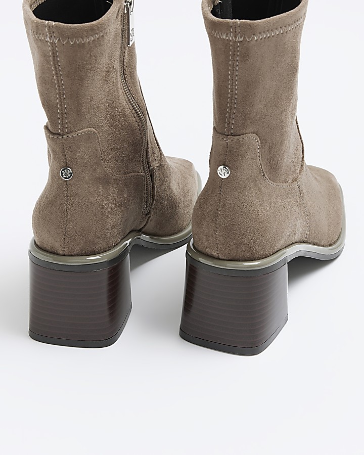 Grey wide fit block heel sock boot