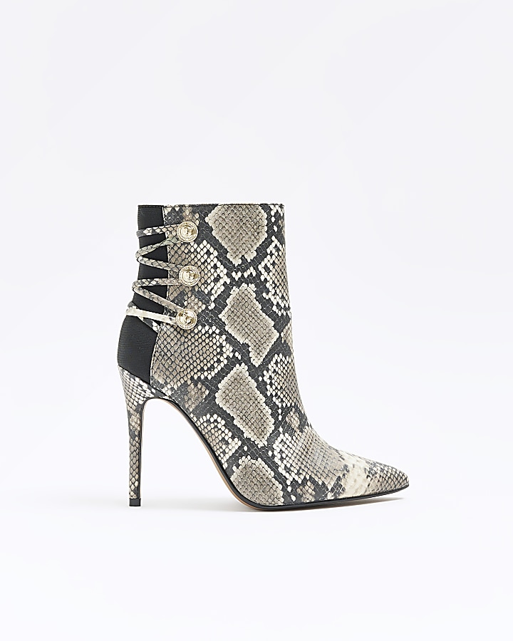 Beige animal print tie up heeled boots | River Island