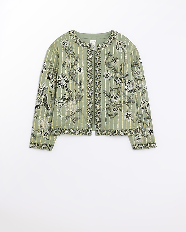 Khaki quilted embroidered floral jacket River Island