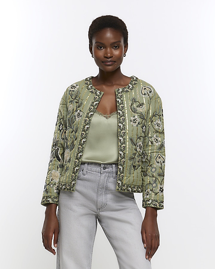 Khaki quilted embroidered floral jacket