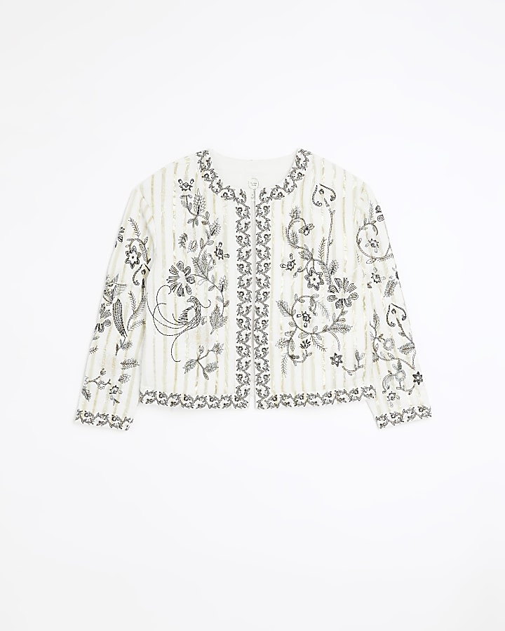 Cream quilted embroidered floral jacket River Island