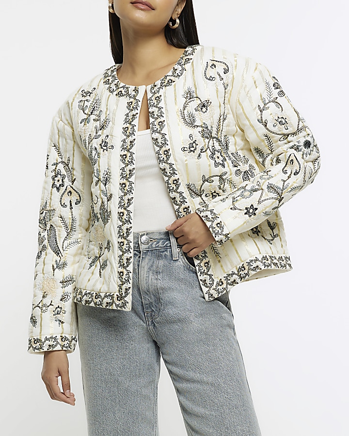 Cream Floral Quilted Jacket